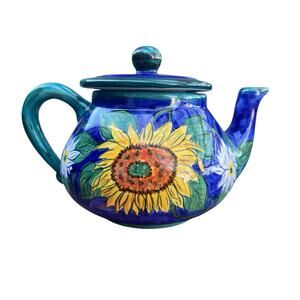Bright Colorful Handpainted Blue Green Sunflower Teapot Bella Casa Valerio Ganza